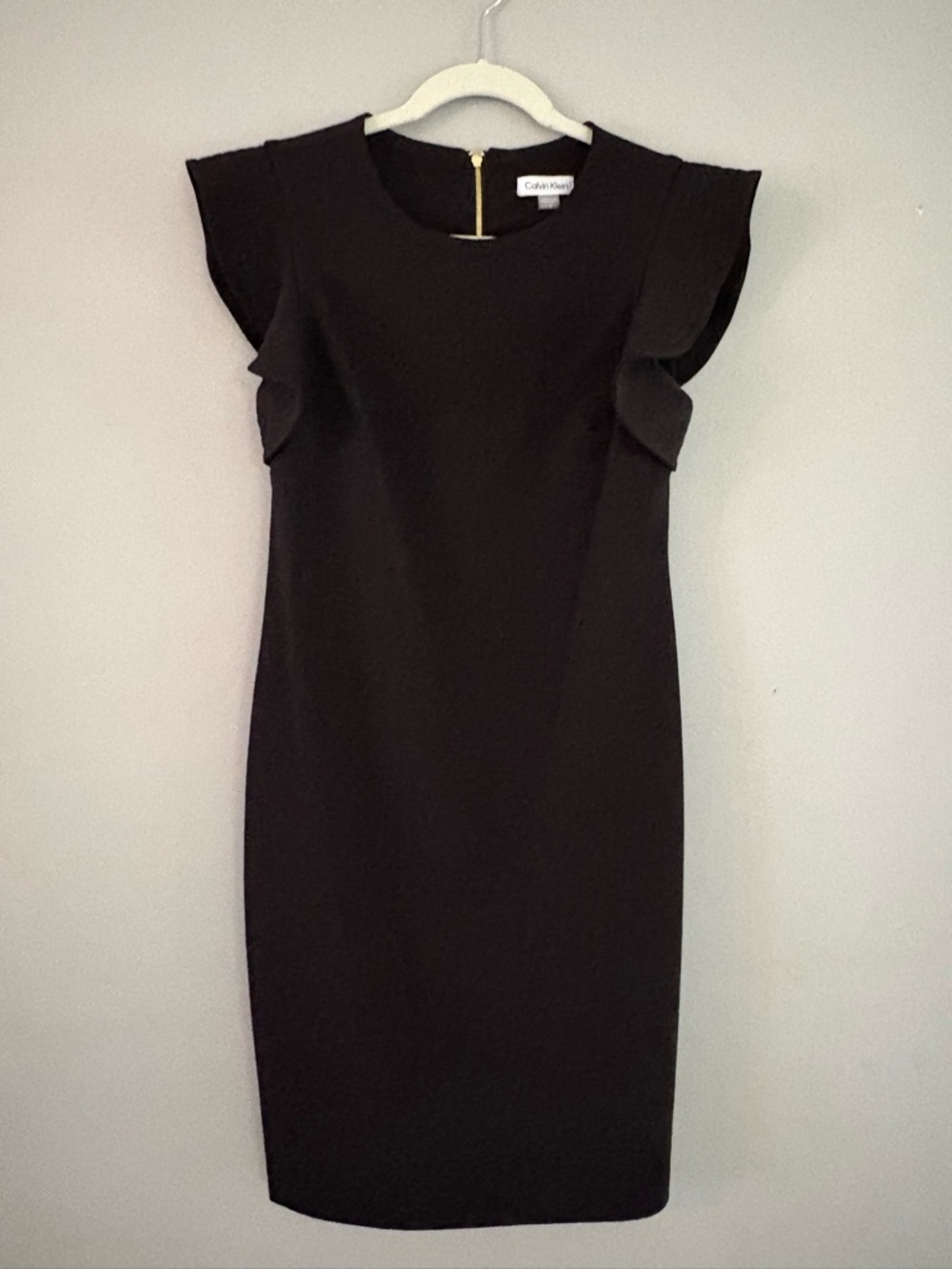 Calvin Klein Black Midi Sheath Dress with Ruffle Cap Sleeves